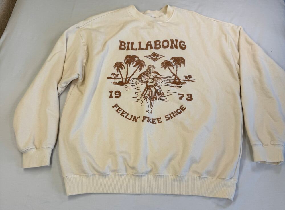 Billabong Women’s Graphic Crewneck Sweatshirt Size Small Cream 1973 Surf
